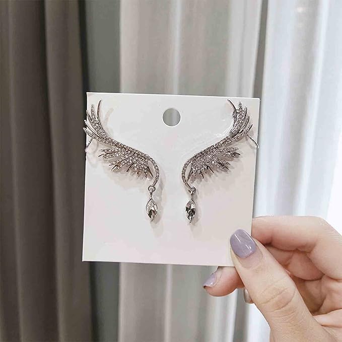 Boho Crystal Angel Wing Earrings Silver Rhinestone Wing Earrings Cz Crystal Ear Climber Earrings Guardian Wing Clip on Earrings Jewelry for Women and Girls Gifts