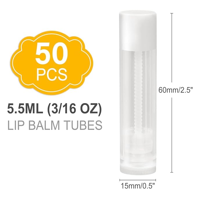 LotFancy Lip Balm Tubes with Filling Tray and Spatula, 50Pcs 5.5ml (3/16 Oz) Clear Lip Balm Containers with White Caps, BPA Free & Leak Free Lip Balm Making Kit