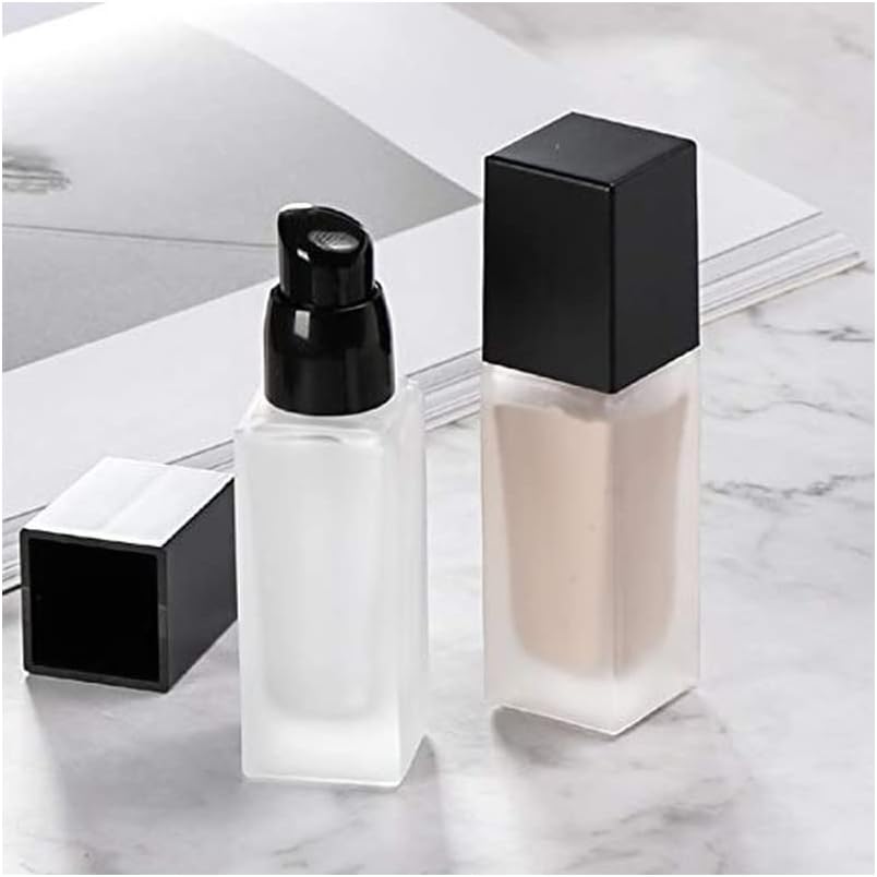2Packs 40ml/1.4oz Empty Frosted Glass Foundation Bottle, Travel Refillable Square Lotion Pump Bottles for Essential Oils Body Cream Samples Vials Emulsion Essence