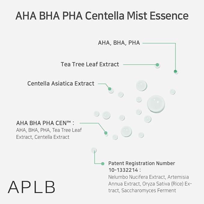 APLB AHA BHA PHA Centella Mist Essence | AHA BHA PHA CEN™ 23.8% 3.55 FL.OZ/Korean Skincare, Exfoliant, Replenishing Moisture, Revitalize for Gentle and Improve Skin Texture