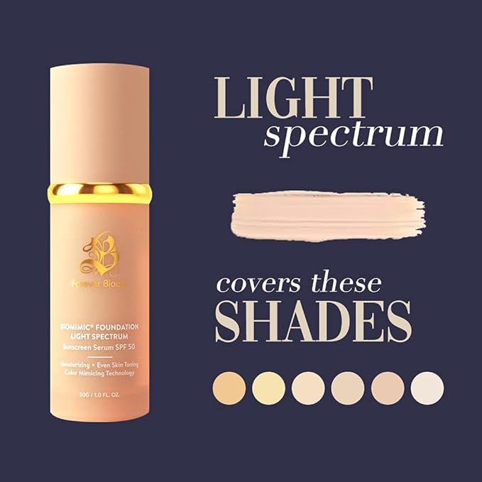 Bio Mimic Foundation Light Spectrum by Forever Bloom; Hydrating, Anti-Aging, Concealing, Evening skin tone, Protecting from Sun with SPF50; Lifestyle Lightweight Foundation for Gym, Sports, Dancing