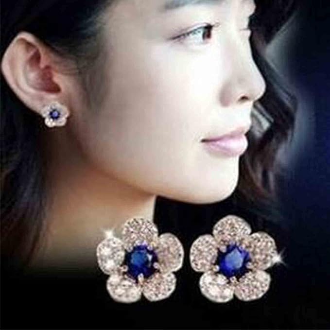 Boho CZ Flower Studs Earrings Silver Crystal Earrings Blue Flower Earrings Studs Wedding Earrings Jewelry for Women and Girls