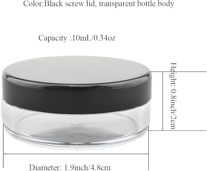 HAHIYO 2P 10ml/0.34oz Plastic Empty Travel Powder Container Small Loose Powders Compact Case Makeup Cosmetic Jar Refillable Powders Box No Leak Powder Holder with Rotatable Sifter and Black Screw Lid