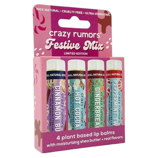 Crazy Rumors Festive Mix - Gingerbread, Hot Cocoa, Cinnamon Bun + Peppermint Twist - 4 Pack Lip Balm