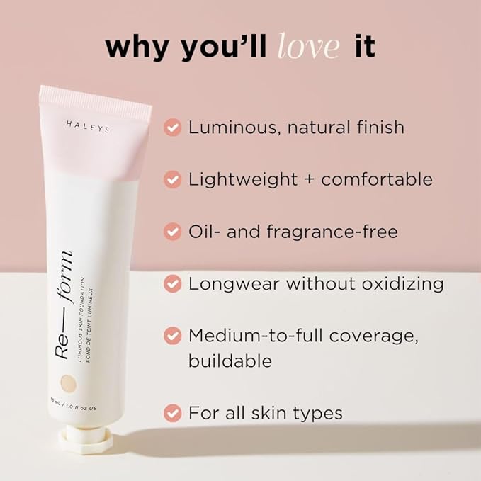 HALEYS Re-form Luminous Skin Foundation, VEGAN + CRUELTY-FREE, Blurs, Conceals, Blendable, Buildable Med-to-Full Coverage, Weightless, Oil-free, All-Day Wear, Hyaluronic Acid, All skin types (1.75)