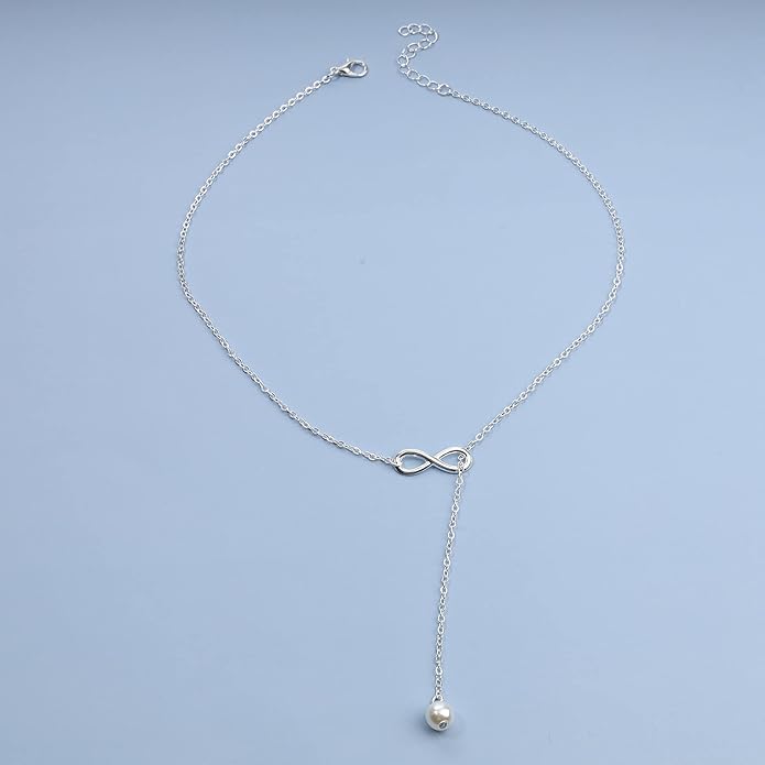 Boho Pearl Infinity Necklace Silver Y Pearl Necklace Minimalist Chain Y Lariat Necklace Chain Jewelry for Women and Girls