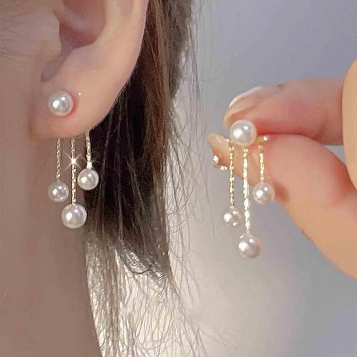 Boho Pearl Drop Dangle Earrings Gold Pearl Ear Jacket Earrings Vintage Dangle Pearl Tassel Earrings Double Way Front Back Earrings Jewelry for Women Gifts