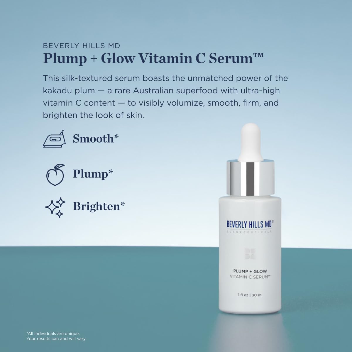 Beverly Hills MD Plump + Glow Vitamin C Serum for Aging Skin- Plumping Anti Wrinkle Lines Formula - Smooth, Firm, Brighten Skin w/Kakadu Plum, Niacinamide, Pomegranate Oil, Red Algae Extracts