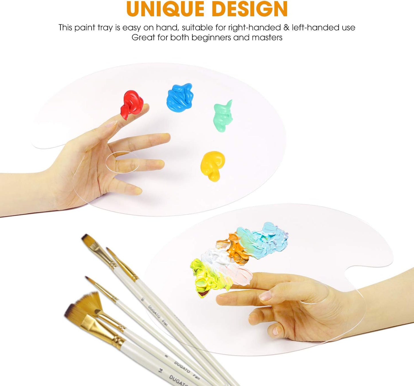 Acrylic Paint Palette 2pcs 11.8 x 7.9 inches with Thumb Hole by DUGATO, Clear Oval-Shaped Non-Stick Acrylic Oil Paint Mixing Tray- Comfortable to Hold & Easy to Clean - for DIY Art Painting Plate