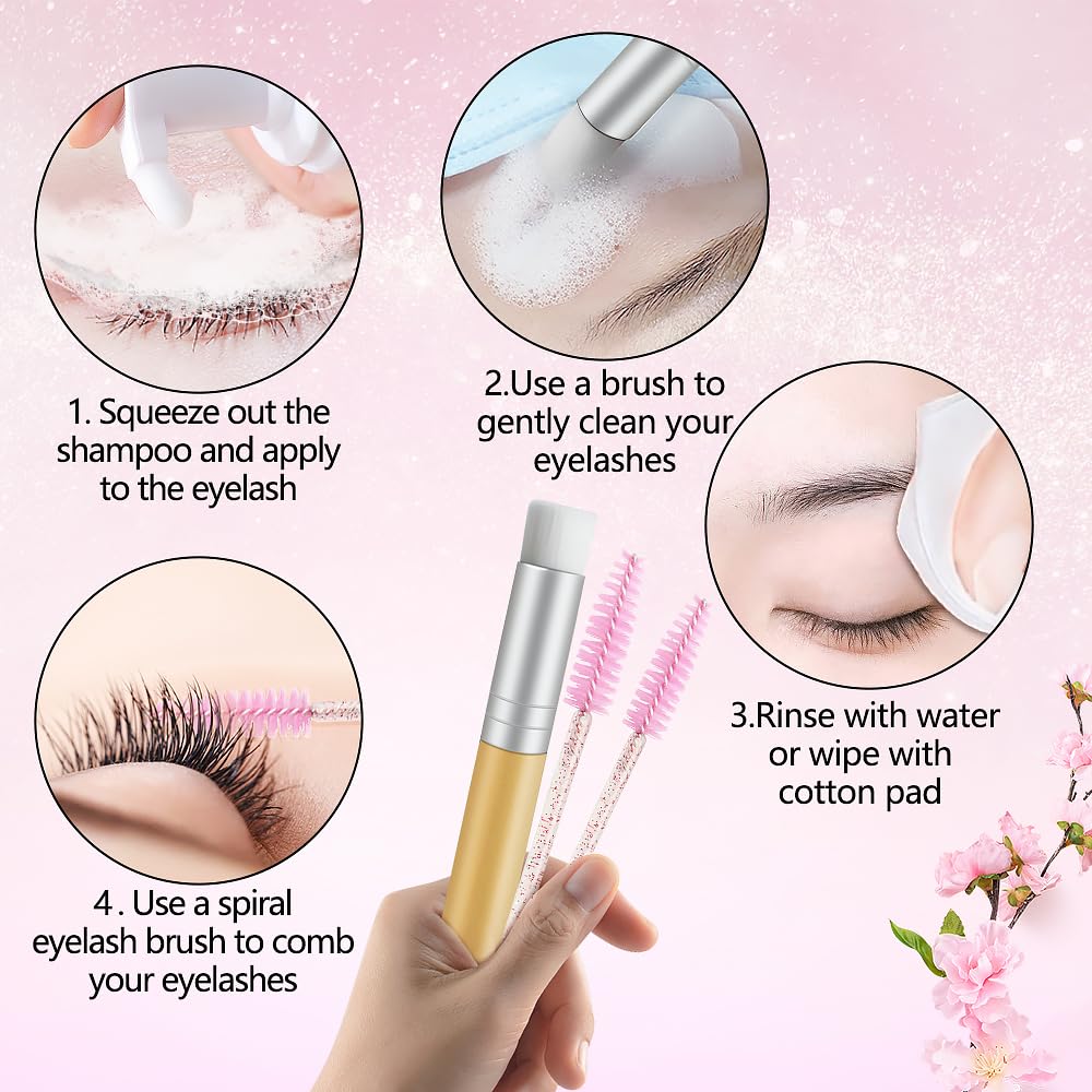 Lash Shampoo Kit Eyelash Extension Cleanser, Eyelash Shampoo for Lash Extensions, Lash Cleaner Eyelid Foam Cleaning Kit for Salon Home Use (Peach)