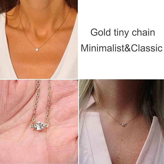 Boho Tiny Crystal Choker Gold Clear Quartz Pendant Necklace Minimal Dot CZ Choker Necklace Simple Everyday Necklace Wedding Necklace Jewelry for Women and Girls Gifts