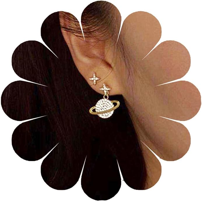 Crystal Saturn Planet Jacket Earrings Vintage Saturn Dangle Earrings Rhinestone Planet Drop Earrings Gold Cz Northstar Stud Earrings Celestial Front Back Earrings for Women Gifts