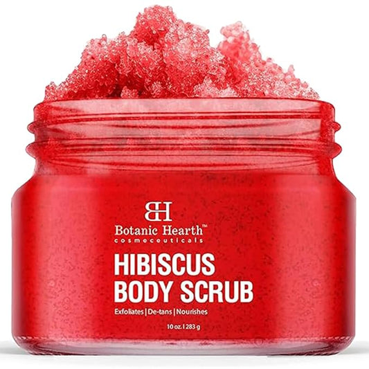 Botanic Hearth Hibiscus Body Scrub Exfoliator | Hydrating Raw Sugar Scrub | Natural Body Scrub For Skin Care, Stretch Marks, Acne & Cellulite, Eczema, Age Spots & Varicose Veins | 10 Oz
