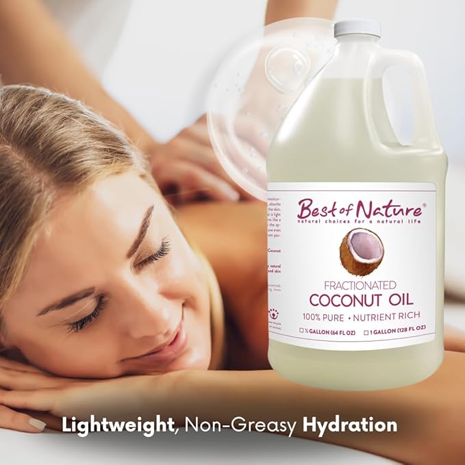 Best of Nature 100% Pure Fractionated Coconut Oil - Liquid MCT Massage & Body Oil, Unscented Moisturizer for Hair, Skin, Face, Aromatherapy Carrier for Essential Oils, Half Gallon (64 fl oz)