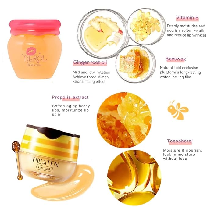 Lip Plumper Lip Mask Set, Bee Balm Lip Balm Honey Pot, Lip Plumper Gloss Lip Injection Honey Moisturizing Lip Sleeping Mask, Hydrating & Prevention Dry and Cracked Lip Scrubs Exfoliator