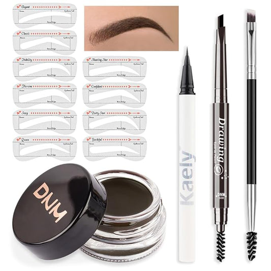 evpct Eyebrow Stencils Kit for Women Shaping, Eyebrow Shaper Makeup Kit, Eye Brow Stencil Shaper Tinting kits for Women, with Eyeliner, Eyebrows Pencil, Pomade, Brush and 10 Stencils, Kit-01# EBONY