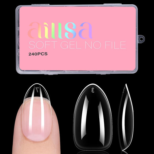 AILLSA Short Almond Nail Tips, 15 Sizes 240PCS Preshaped Soft Clear Gel Nails Tips Full Cover False Nails Tip Short Almond Shaped Tips
