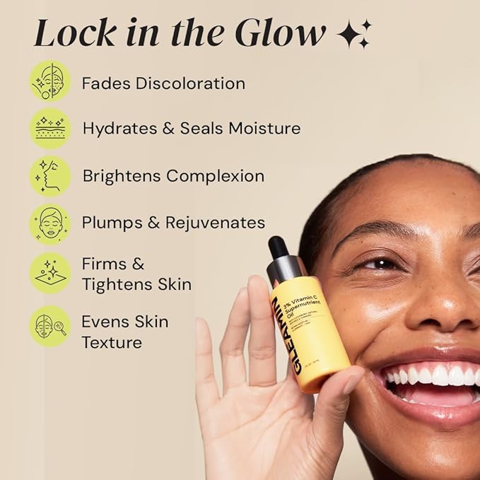 Gleamin Brightening Face Oil with Vitamin C & E, Turmeric, Jojoba & Cloudberry | Hydrating Facial Oil for Radiant Glow, Dark Spots, Fine Lines & Uneven Tone | Skin Brightening for Women & Men, 1 Fl Oz