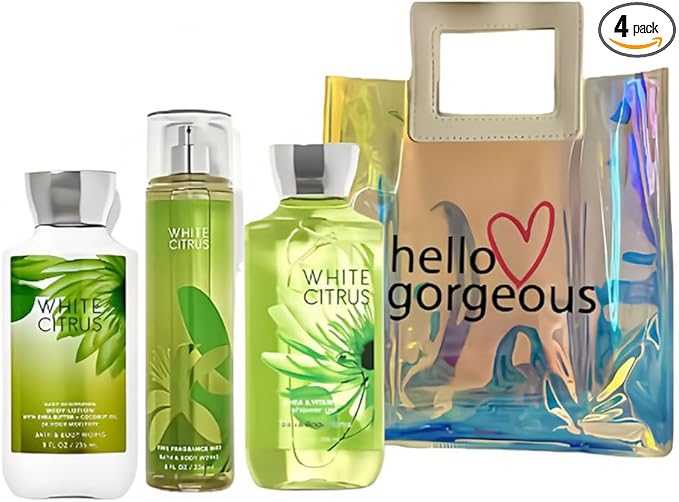 Bath & Body Works - 3 Piece Bundle - Spray - Body lotion - Shower Gel - Full Size and Gift Bag HELLO GORGEOUS (White Citrus)