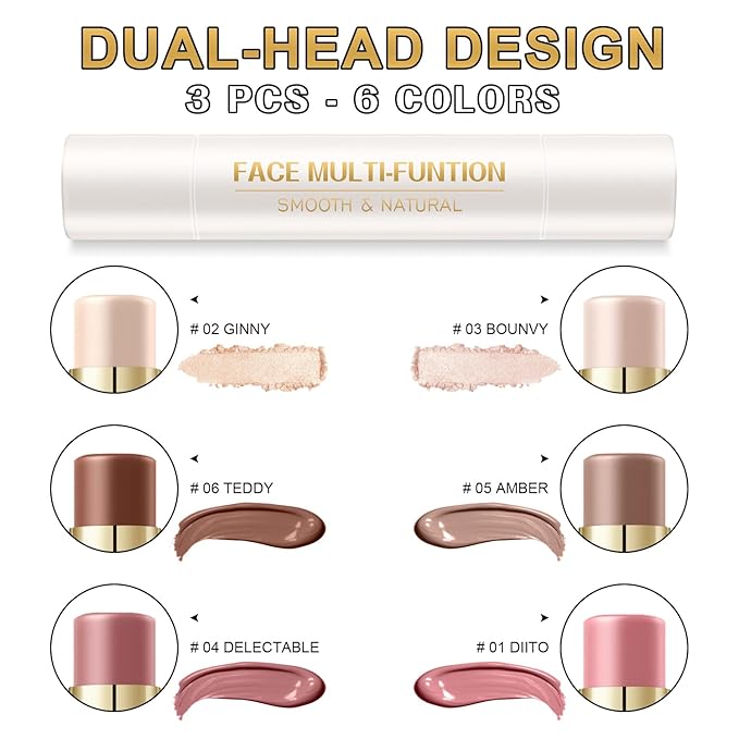 6 Colors Cream Contour Stick Makeup Contour Kit,Double-ended Cream Bronzer Stick for Sculpt, Highlighter Stick,Cream Blush Stick,Lightweight Contour Makeup Kit, Matte & Dewy Finish (SET A)