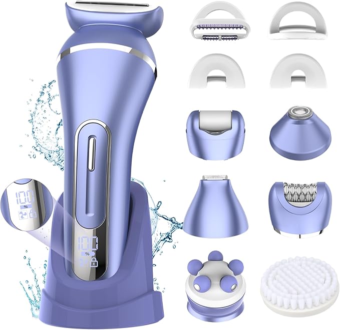 Electric Shavers for Women, 7 in 1 Hair Removal Kit with Epilator Bikini Trimmer Face Razor Body Brush Face Massager Foot Callus Remover, IPX7 Waterproof Lady Razors Set for Legs Armpit Bikini Pubic