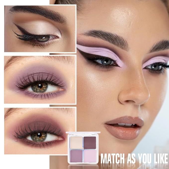 4 Colors Light Violet Pink Purple Brown Eye Shadow Powder Palette Makeup, Neutral Matte Shimmer Quads Eyeshadow Palette for Women Highly Pigmented Waterproof, paleta de sombras de ojos,Vegan 02