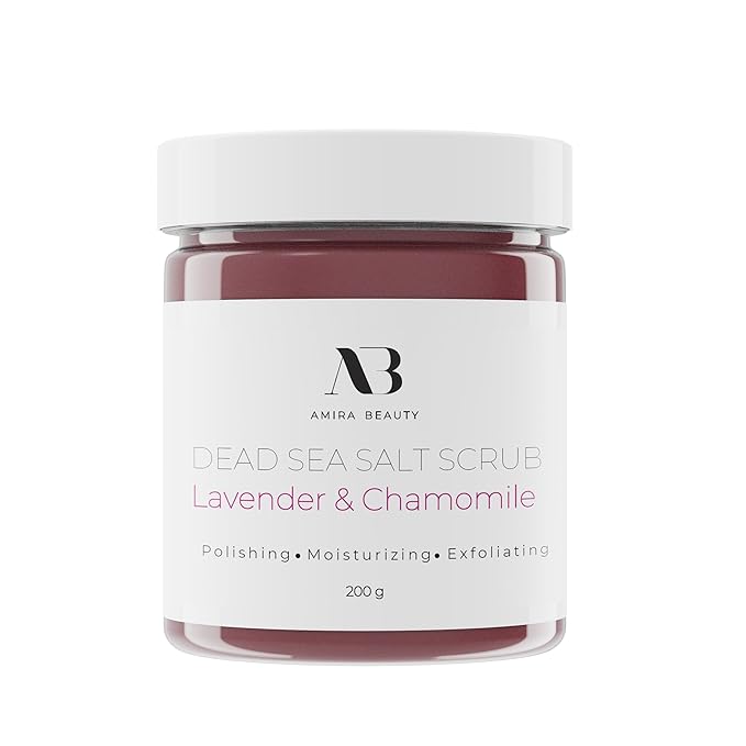 Amira Beauty Dead Sea Salt Body Scrub | Lavender & Chamomile | Foaming Shower Scrub with Organic Essential Oils | Exfoliates and Moisturizes Skin | 7 OZ