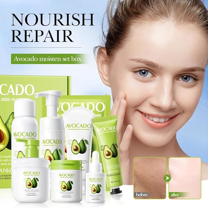 Avocado Facial Skincare Set - Complete Eight-Piece Kit for Soothing, Nourishing, and Moisturizing