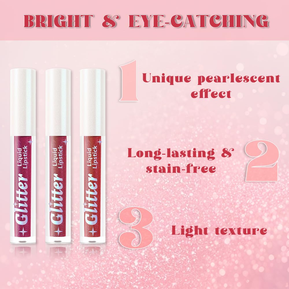 3Pcs Metallic Lipstick for Women,Lightweight Glitter Sparkling Liquid Lipsticks,Shimmer Lip Gloss Stain Long Lasting Waterproof Smudge Proof Non-Drying 24 Hour Full Coverage Lip Makeup,Vegan