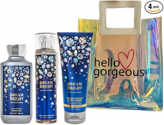 Bath & Body Works - 3 Piece Bundle - Spray - Body Cream - Shower Gel - Full Size and Gift Bag HELLO GORGEOUS (Dream Bright)