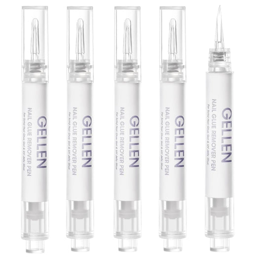 Gellen Nail Glue Remover 5 Pcs, Glue Remover Pen for Press on Nails, Non Acetone Press on Removal, 10s Quick Remove for Nail Tips Fake Nails Solid Glue Gel