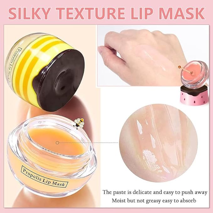 3PCS Bee Lip Balm Honey Pot,Honey&Apple Lime Lip Mask Overnight Moisturizing Lip Balm,Hydrating Prevention Dry and Cracked Reduces Lip Lines Lip Sleeping Mask (Honey+Strawberry+Apple Lime)