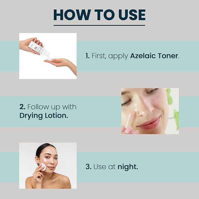 Azelaic Toner & Drying Lotion Duo - Face Treatment Set for Rosacea & Cystic Acne, Soothing Redness Relief, Shrinks Whiteheads & Pores | Normal to Oily Skin