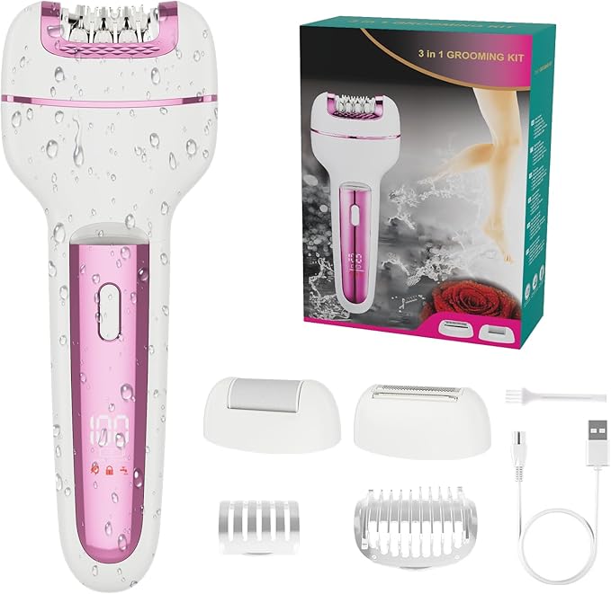 Epilator for Women 3-in-1 Epilator, Body Hair Removal Device,Wet/Dry, Waterproof, Cordless Rechargeable Electric Trimmer & Shaver & Callus Remover for Women & Men 606 Pink
