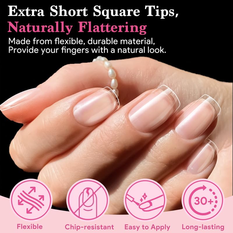 Extra Short Square False Nail Tips, 15 Sizes 510 PCS Clear French Press On Fake Nail Pre-shaped Half Matte Full Cover Gel Nail Tip Extensions Thick Long Lasting for DIY Beginners & Salon Manicure