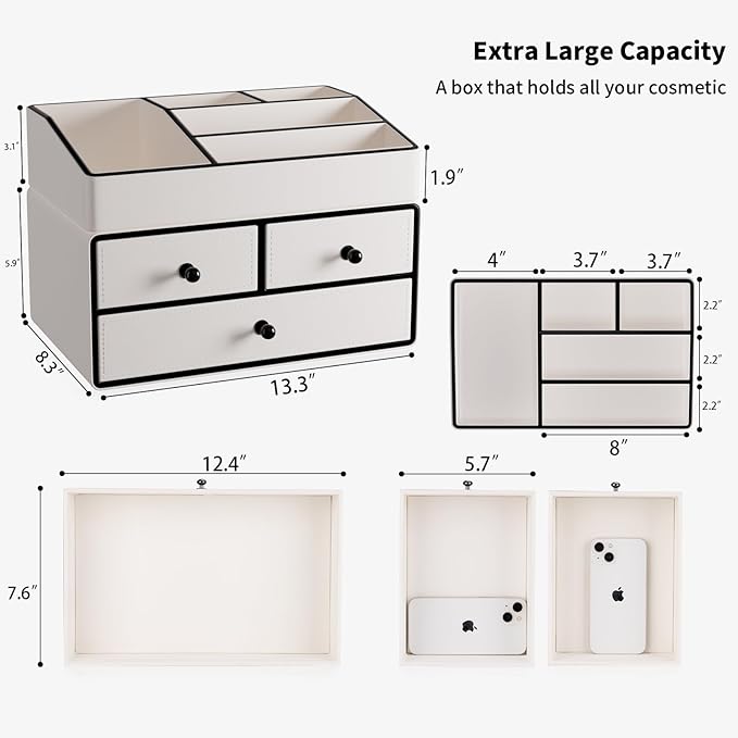 GORESE Leather Makeup Organizer with Drawers for Vanity, Stackable Skincare Holder Dresser Organizer Countertop, Make Up Storage Organizers Counter Cosmetic Display Case Gifts for Women(Cream White)