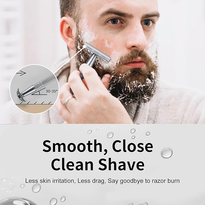 Double Edge Safety Razor, Single Blade Razors for Men and Women, with 10 Double Edge Blades, Reusable Metal 1 Blade Razor, Eco-Friendly, Zero Waste, Smooth and Close Shave, Matte Silver