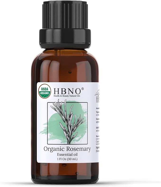 HBNO California Bottled Organic Rosemary Essential Oil 1 fl oz (30ml) - USDA Certified Organic Rosemary Essential Oil for Aromatherapy, Soap Making, DIY, Fragrances, Diffuser