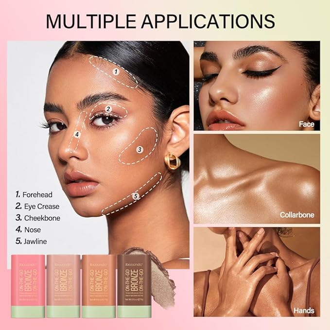 Cream Contour Stick, Face Shimmer Bronzer Stick, Blendable Natural Glow Highlighter Makeup Stick, Multi-Use Tinted Solid Moisturizer Stick, 01 Warm Glow