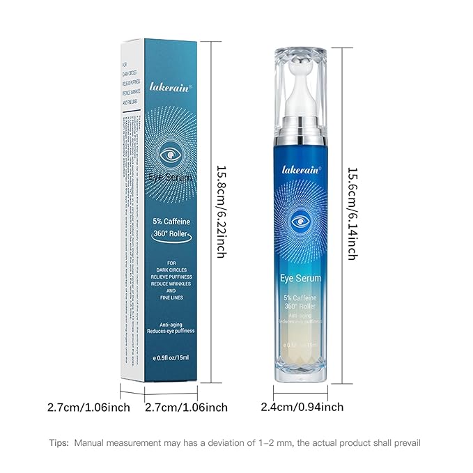 5% Caffeine Eye Serum with 360° Eye Massage Roller Eye Serum for Dark Circles & Relieve Puffiness, Reduce Wrinkles and Fine Lines, Eye Bags, Tighten Lifting Brightening Under Eye Cream-0.5 OZ