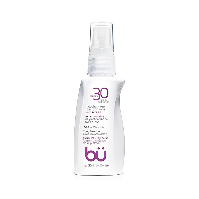 BU SPF 30 Sunscreen Spray for Face and Body, Non Aerosol Spray, TSA Travel Size Sunblock, Clear, Non Greasy, Water Resistant, White Sage 1 oz