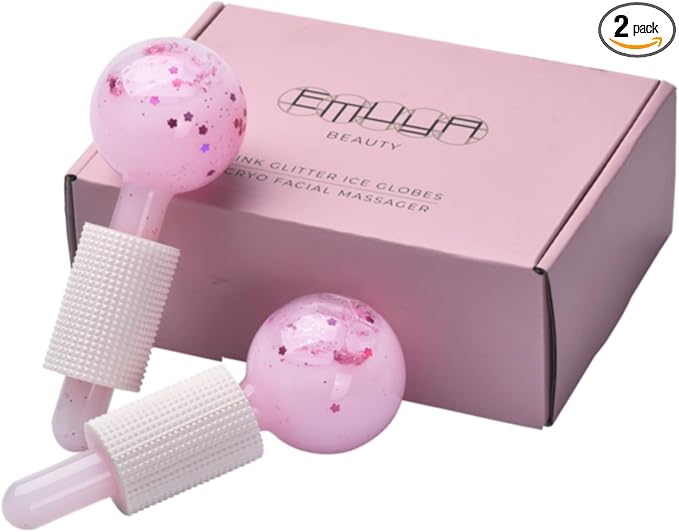Ice Globes for Facials – Facial Tools for Face & Eye Puffiness Relief, Cool Skincare Cryo Tools - Pink Drink Glitter
