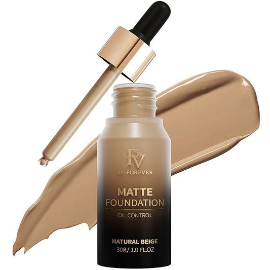 FV Full Coverage Liquid Foundation Makeup, Long Lasting Matte Foundation with Flawless Finish, Concealing & Minimizing Pores, Oil Control Waterproof for Oily Combination Skin, 1 Fl. Oz (Natural Beige)