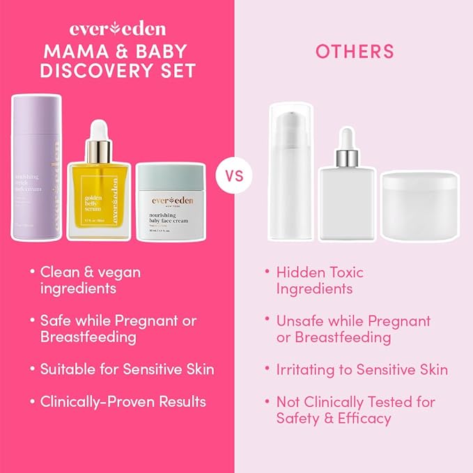 Evereden Mama & Baby Discovery Set - Dermatologist-Developed Clean & Vegan Maternity Skin Care Bundle - Stretch Mark Cream, Belly Serum, & Nourishing Baby Face Cream - Postpartum Gifts for New Mom