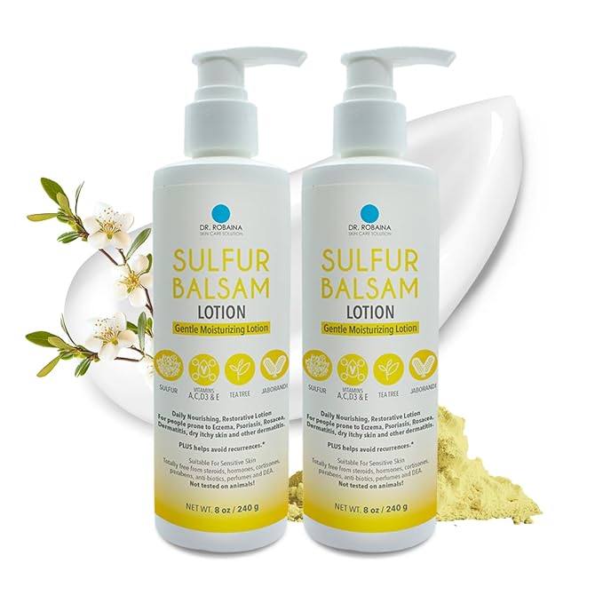 Dr. Robaina Sulfur Balsam Lotion – Lightweight Moisturizer for Dry, Flaky & Itchy Skin – Calms Redness, Supports Skin Barrier & Locks Hydration – Shea Butter & Tea Tree – 8 fl oz, USA Made