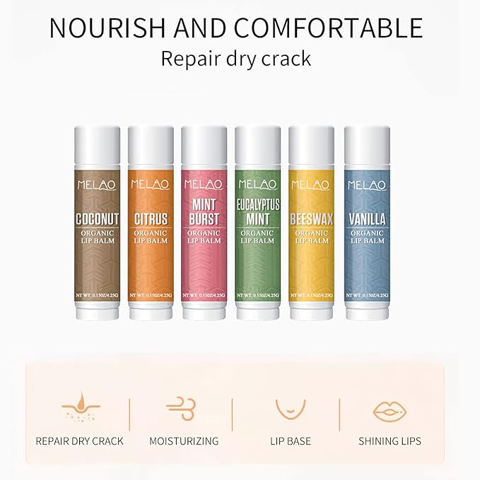 Lip Balm with Nourishing and Hydrating for Dry Cracked Lips, Natural and Organic Ingredients Lip Butters, Lip Balm Set (6 Pack), 6 Scents(Coconut, Citrus, Mint, Eucalyptus Mint, Honey, Vanilla)