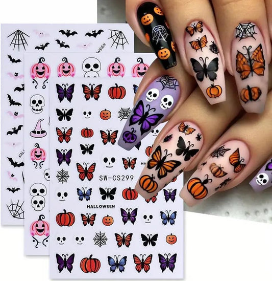 Halloween Nail Art Stickers Ghost Nail Decals 3D Horror Ghost Skull Spider Web Bat Pumpkin Butterfly Self-Adhesive Decals Designs Halloween Nail Supplies for Women Manicure Decorations 3 Sheets