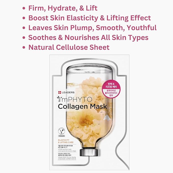 I'MPHYTO Leaders Facial Mask 10 Sheet Collagen Vegan Mask | Plant-Derived Collagen | Elasticity & Lifting Skin Care | Certified Vegan | Intensive Hydration | Natural Cellulose Sheet
