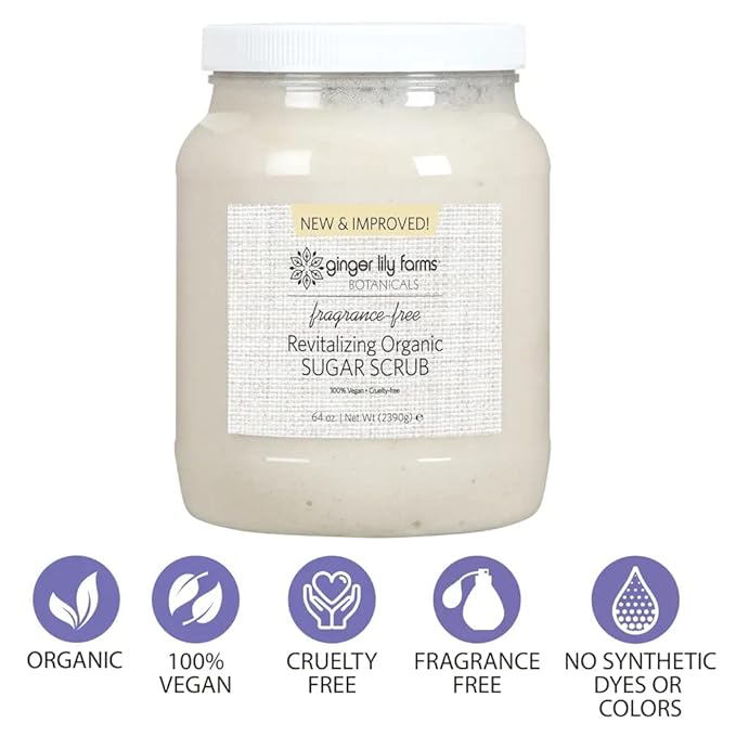 Ginger Lily Farms Botanicals Revitalizing Organic Sugar Scrub, All-Natural Skin Exfoliating Sugar Crystals, 100% Vegan & Cruelty-Free, Fragrance-Free, 64 oz.