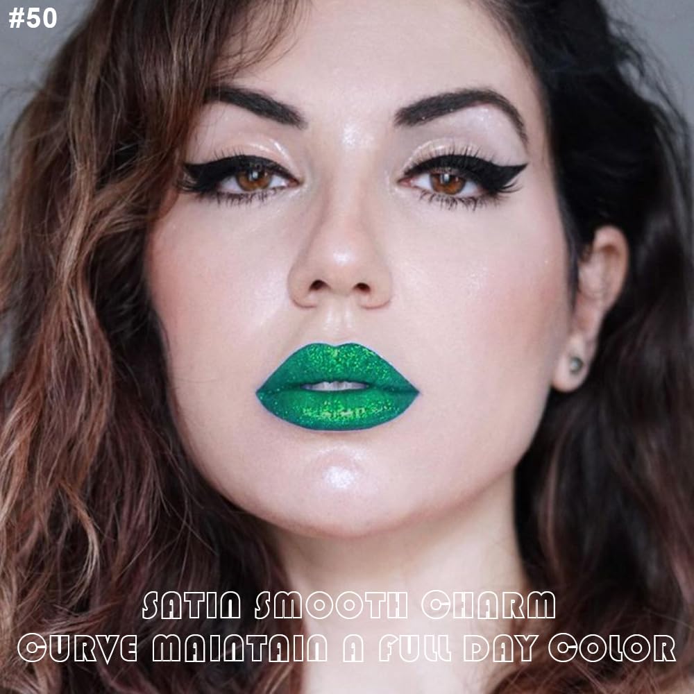 evpct 2Pcs Green Shimmer Glitter Shiny Liquid Lipstick Lip Gloss Stain and Retractable Lip Liner Makeup Set for Women Long Lasting Waterproof 24 Hours Lipstick labial mate larga duracion 24 50#